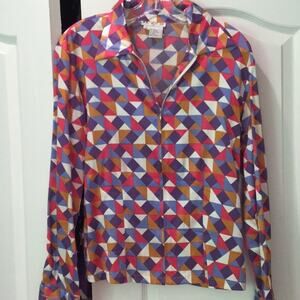 Tracy m Silk spandex front zip print blouse worn 1